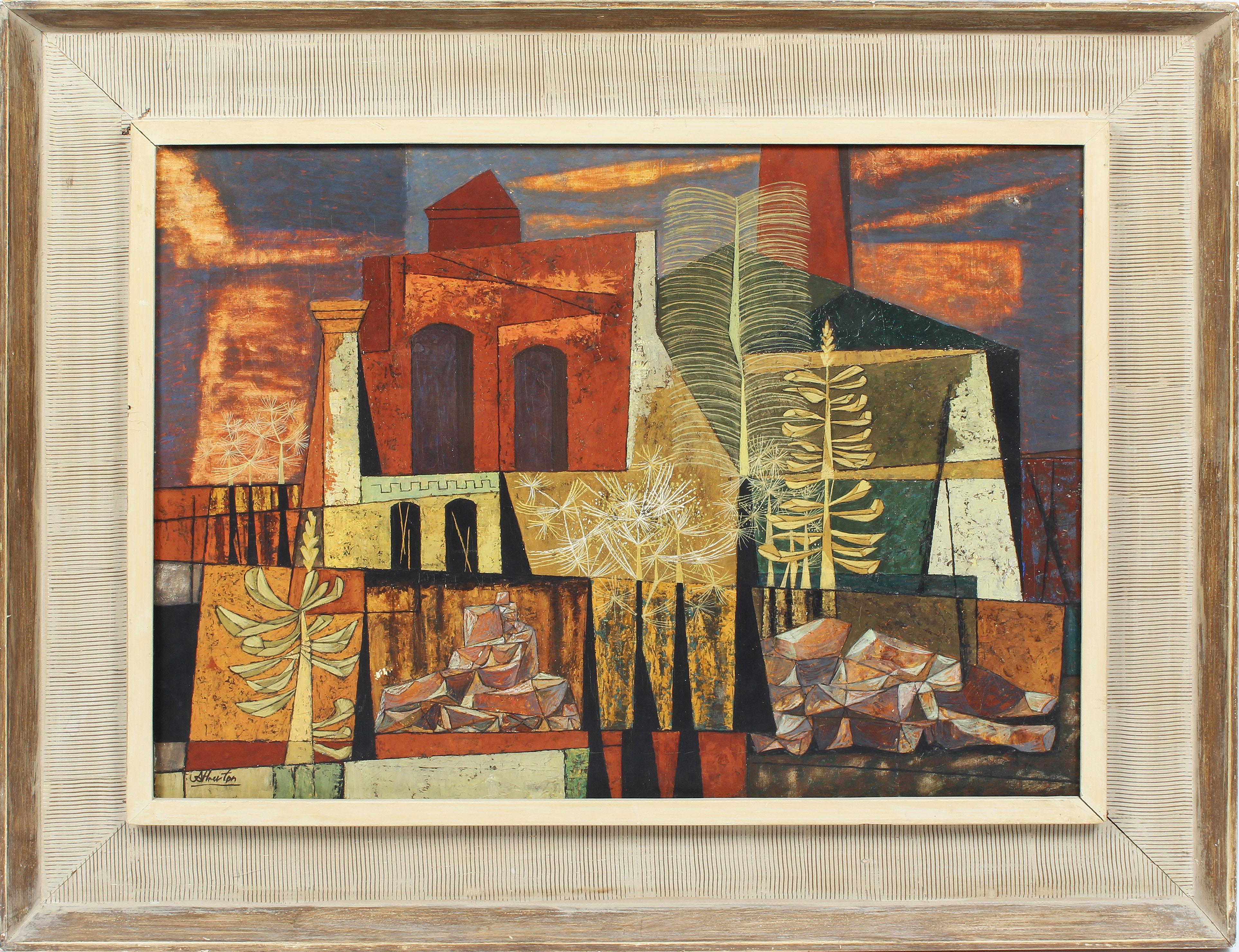 John Atherton Abstract Painting - Antique American Modernist Exhibited Large Abstract Cityscape Rare Oil Painting