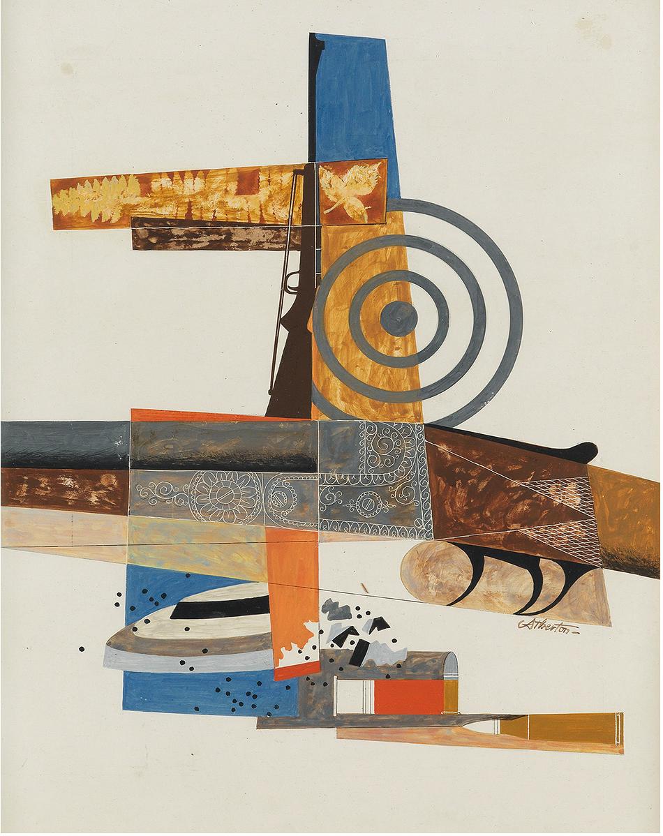 John Atherton Still-Life Painting - Guns, rifle and Shells Abstraction