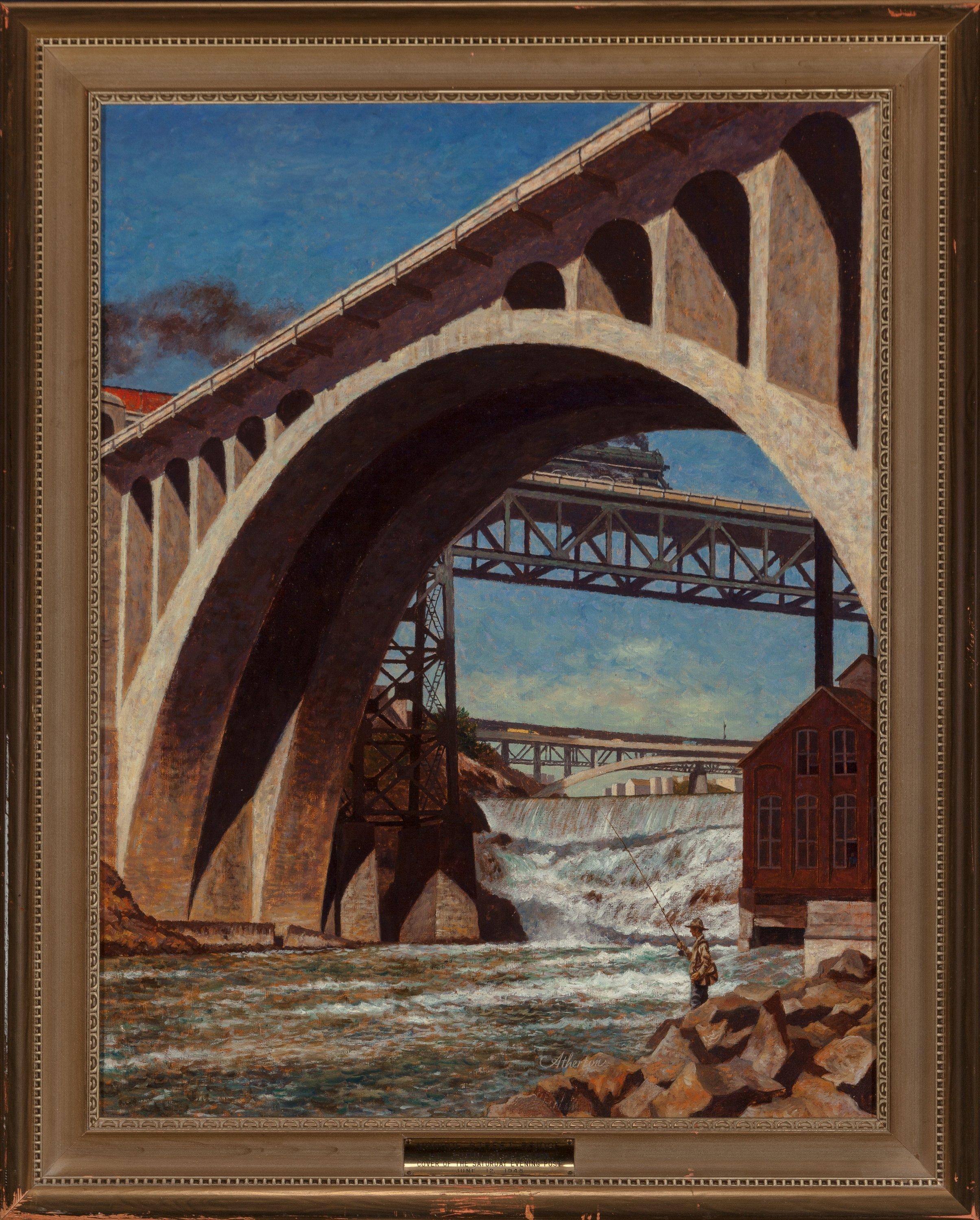 Monroe Street Bridge, Saturday Evening Post cover, June 12, 1948 - Painting by John Atherton