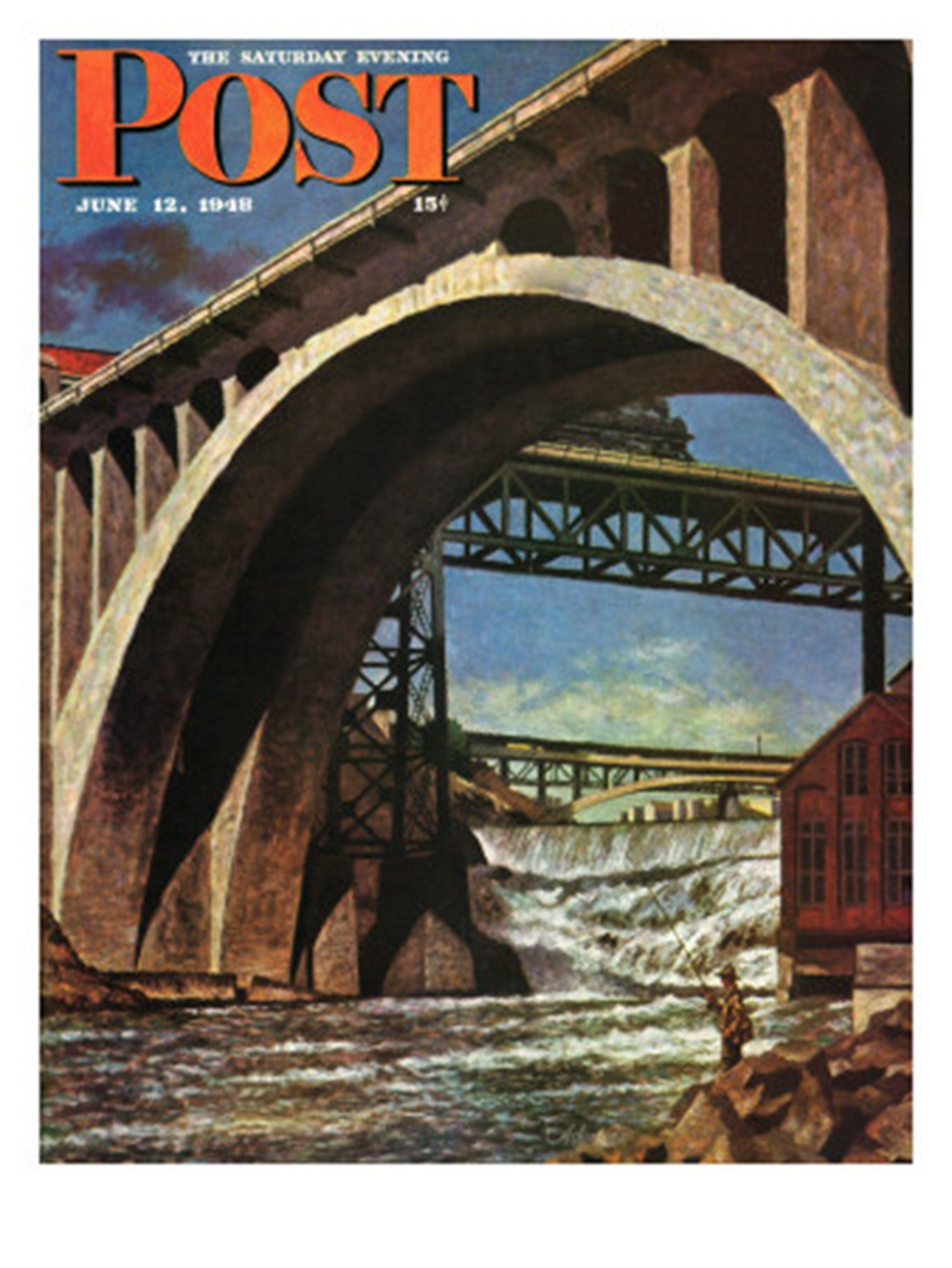 Monroe Street Bridge, Saturday Evening Post cover, June 12, 1948 - Gray Landscape Painting by John Atherton