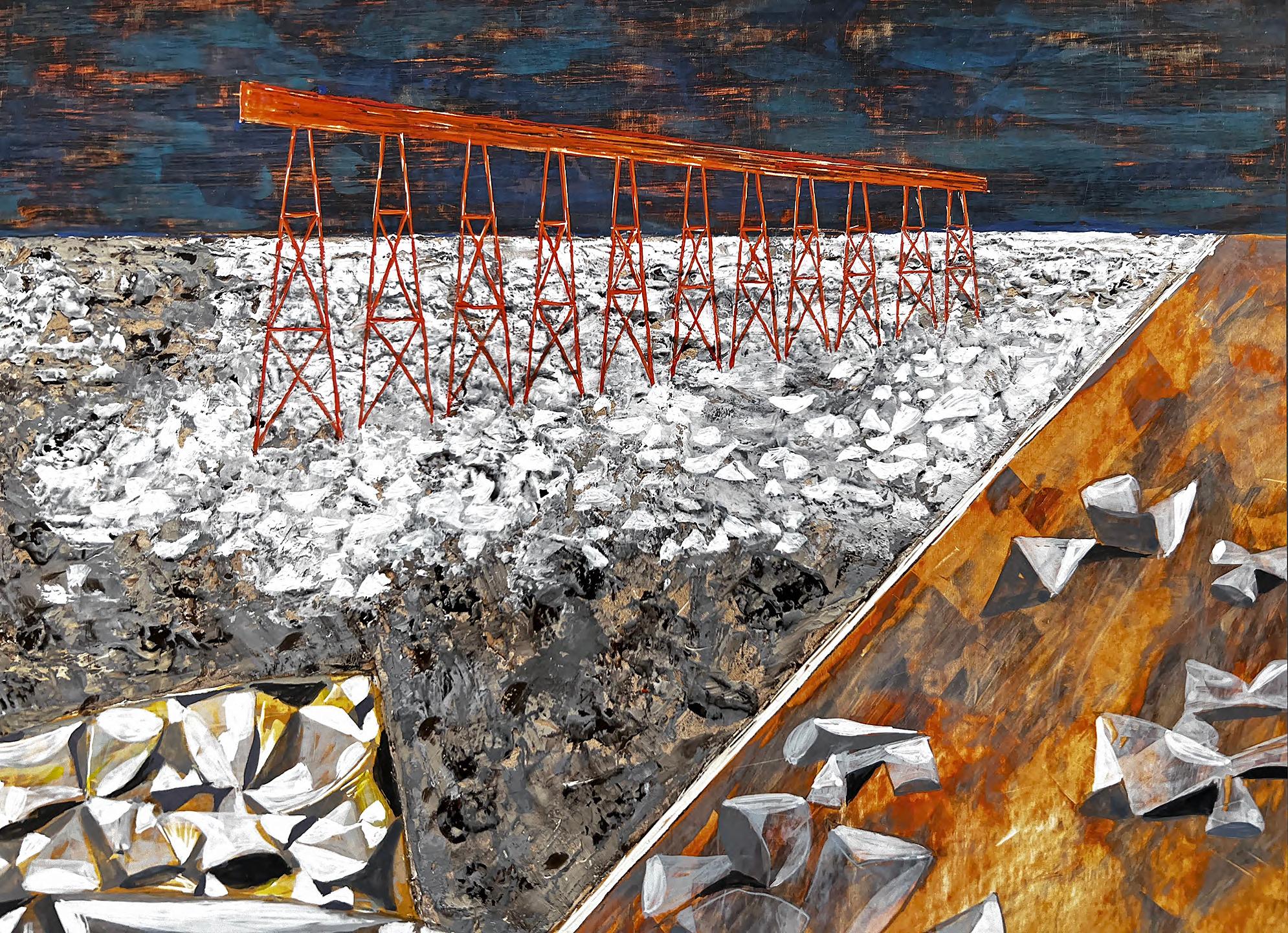 This meticulously planned, designed, and executed work depicts an ultra-wide angle view of a rock quarry/mine.  The viewer looks down at close-up-stylized rock formations and then out at a horizon line with rust-colored mine trestles. Atherton hints
