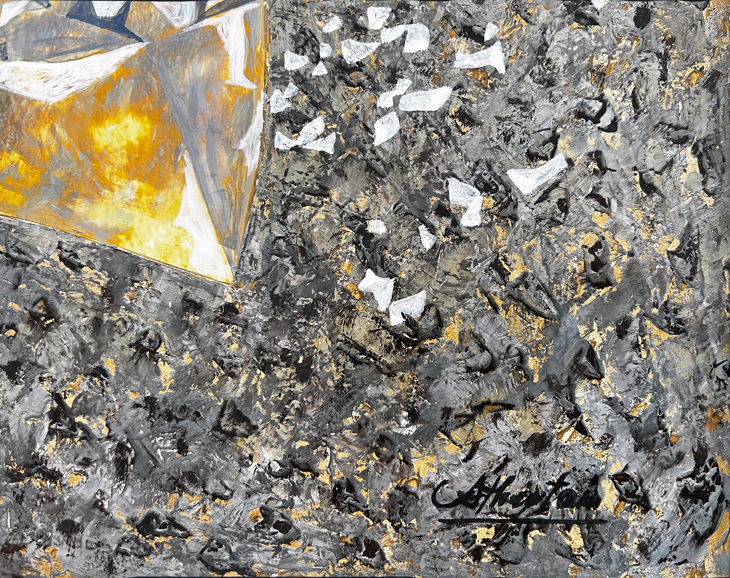 Quest'opera meticolosamente pianificata, progettata ed eseguita raffigura una vista ultra-grandangolare di una cava di roccia/miniera.  Lo spettatore guarda le formazioni rocciose in primo piano e poi la linea dell'orizzonte con i cavalletti delle