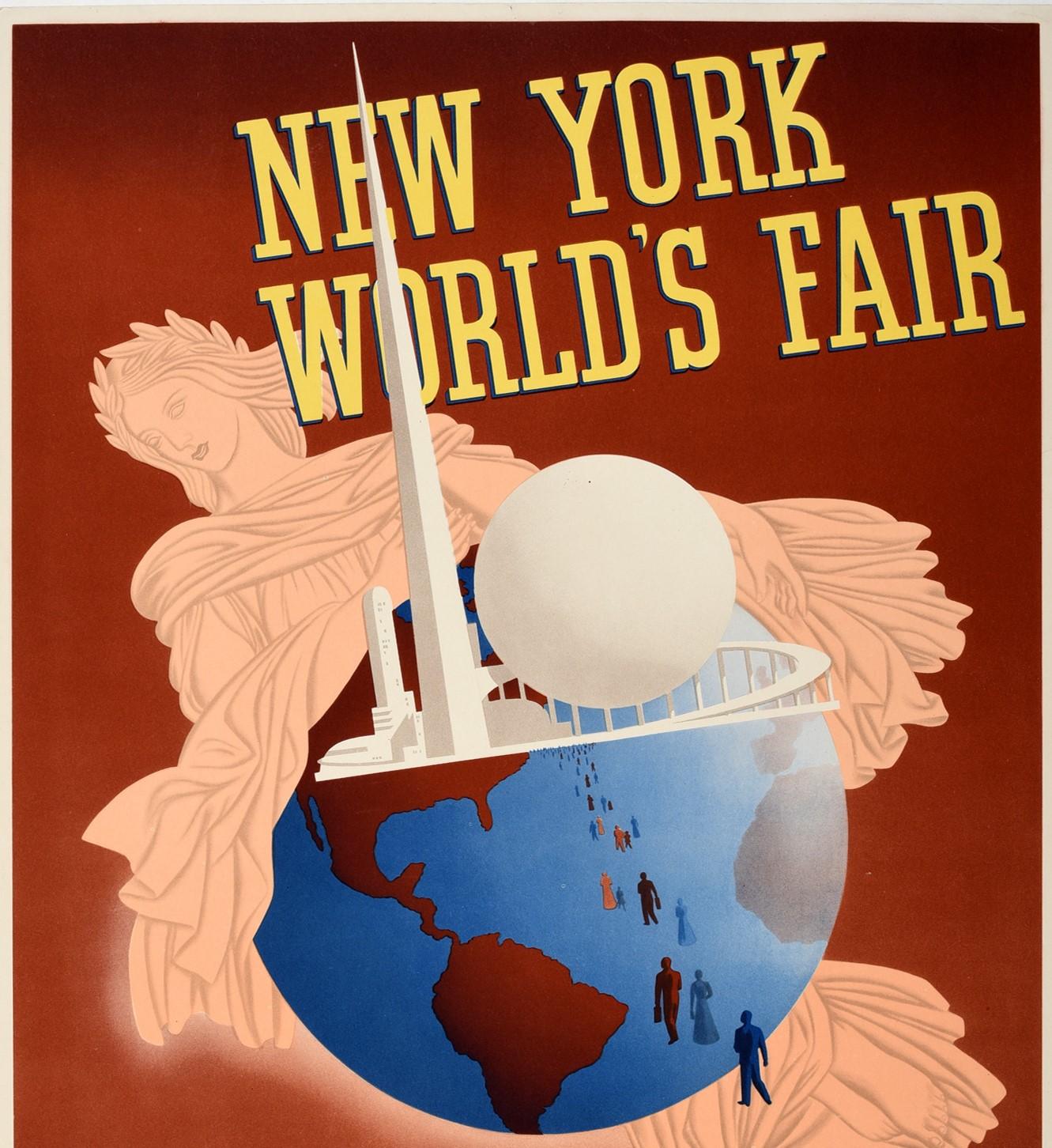 Original Vintage Poster New York World's Fair 1939 Libertas Roman Goddess Globe - Print by John Atherton