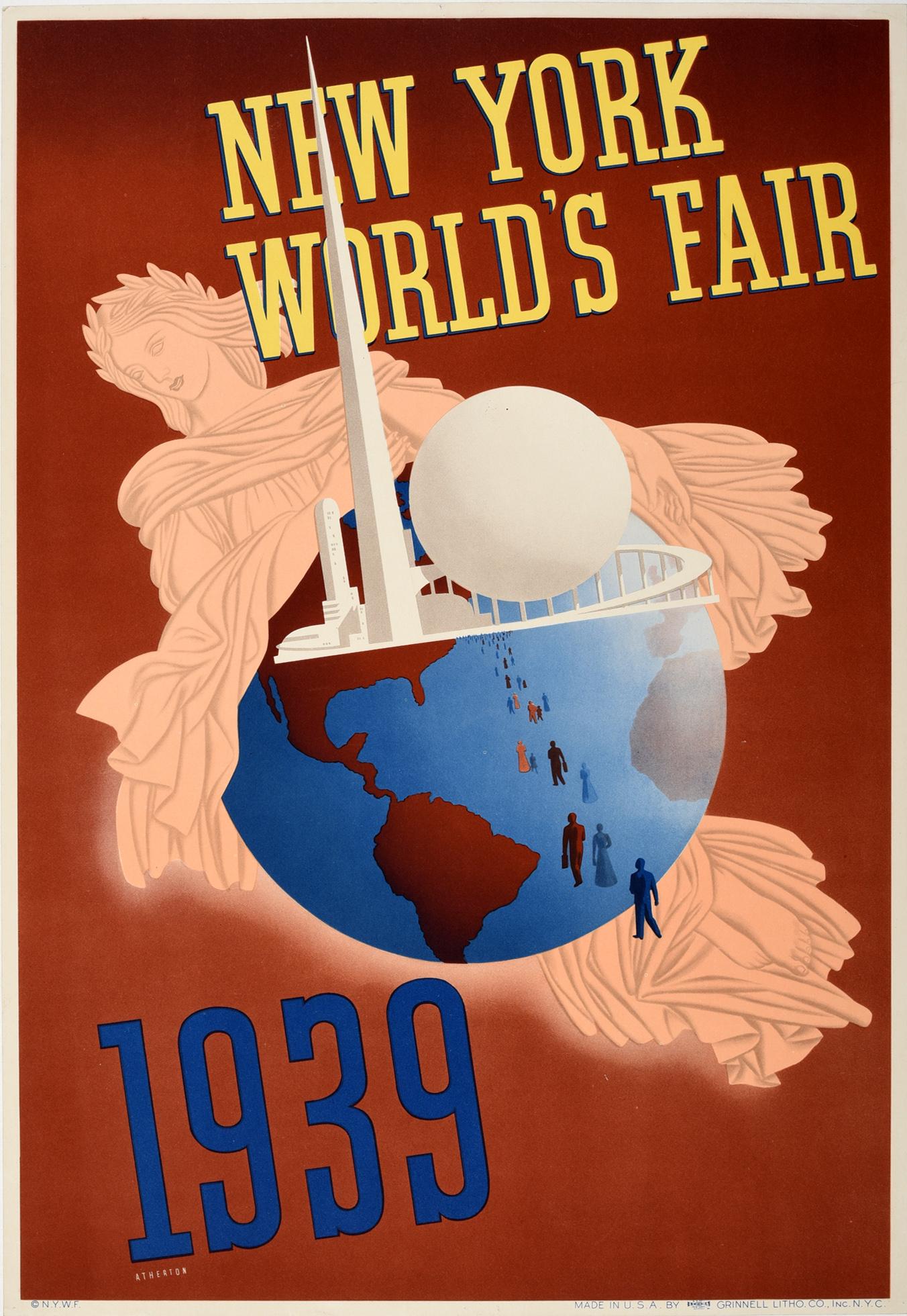 John Atherton Print - Original Vintage Poster New York World's Fair 1939 Libertas Roman Goddess Globe