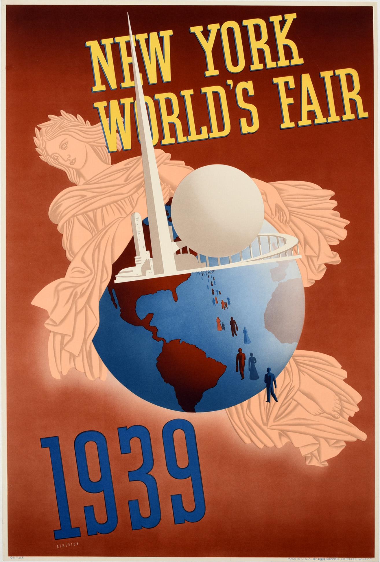 John Atherton Print - Original Vintage Travel Poster New York World's Fair Trylon Perisphere Libertas
