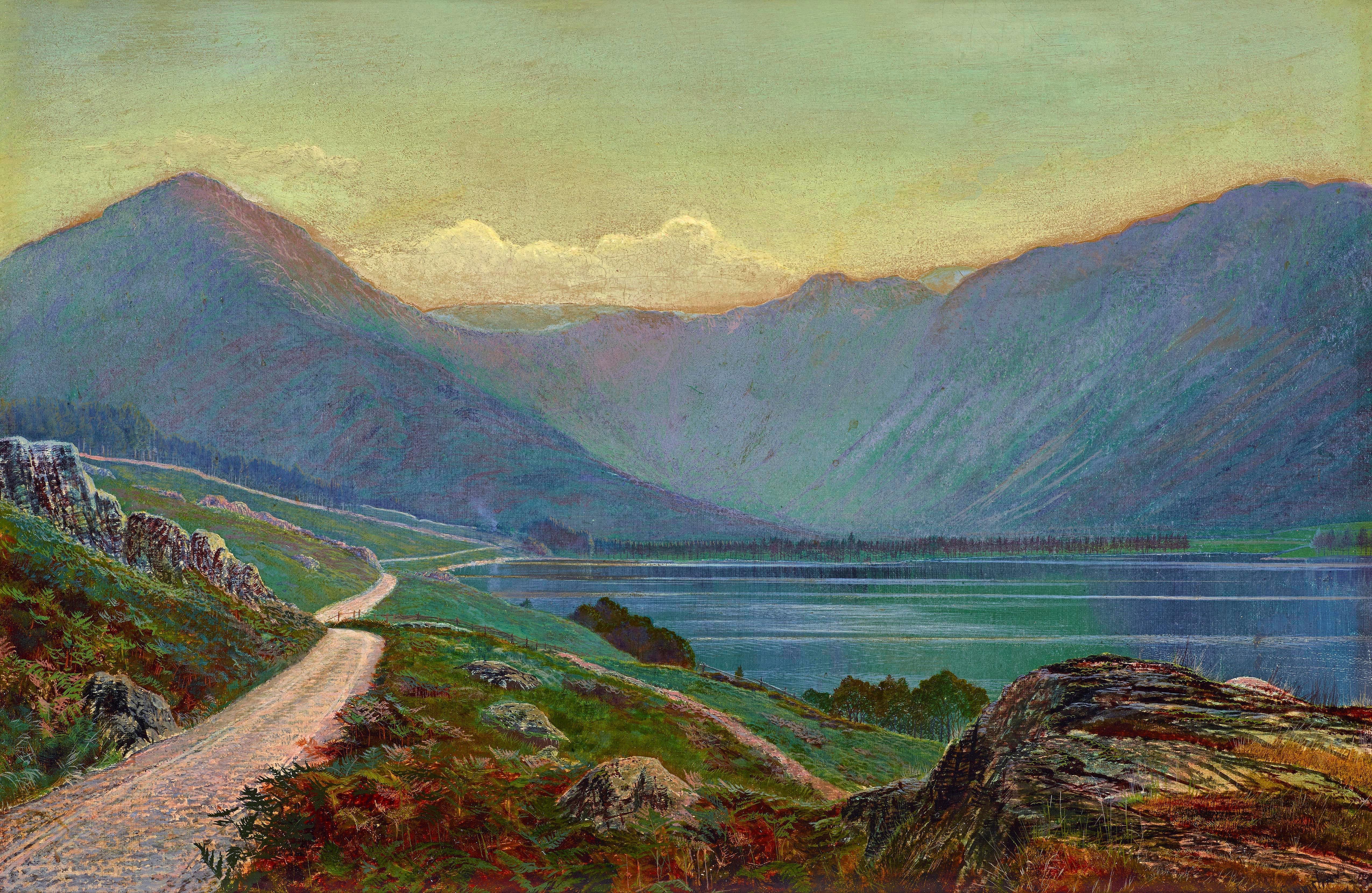 John Atkinson Grimshaw Landscape Painting – Looking across Buttermere, viktorianische Öllandschaft aus dem 19. Jahrhundert