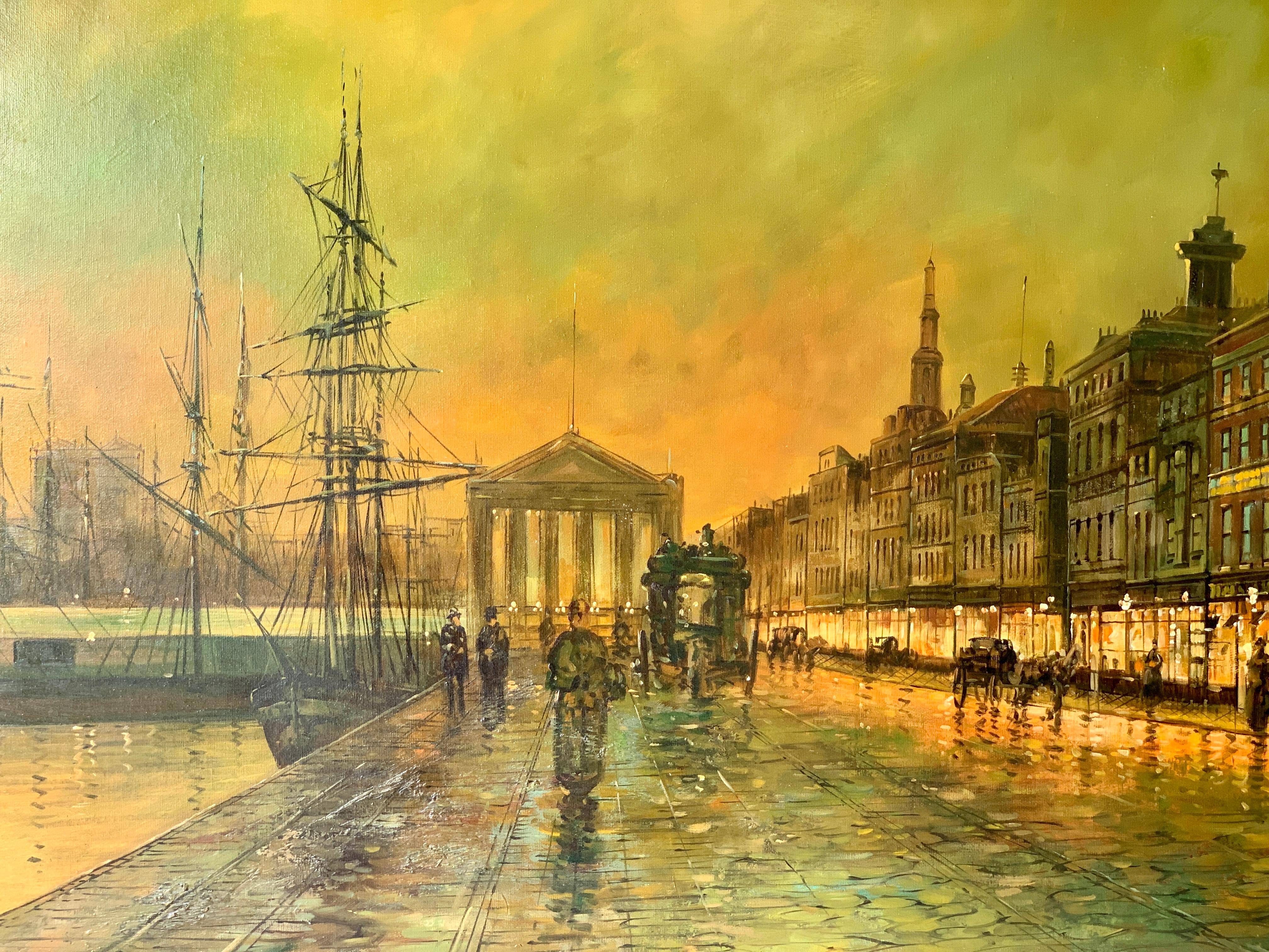 View of a harbor or Port at night, with the Liverpool Custom House. - Painting by John Atkinson Grimshaw