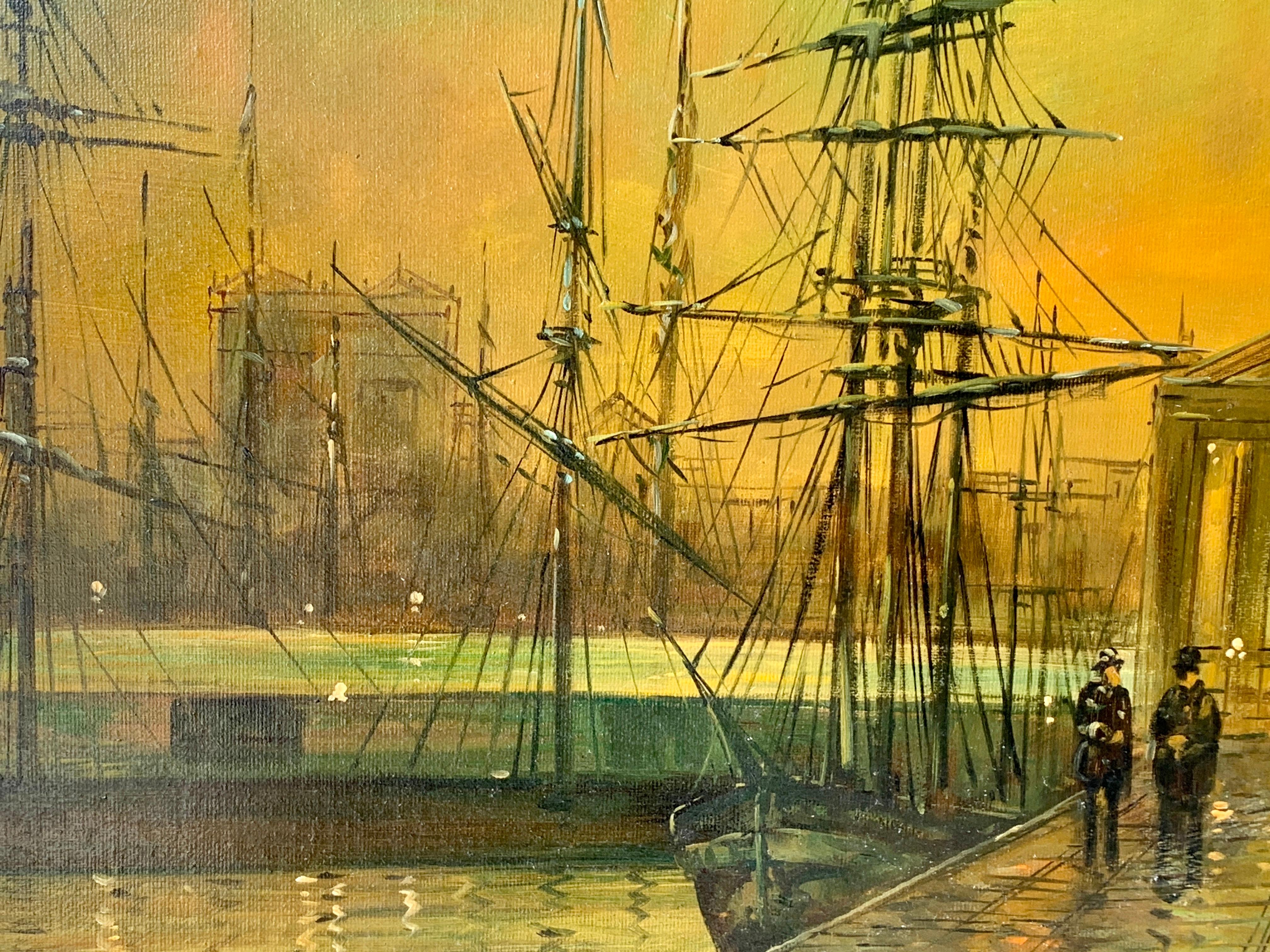 View of a harbor or Port at night, with the Liverpool Custom House. - Victorian Painting by John Atkinson Grimshaw