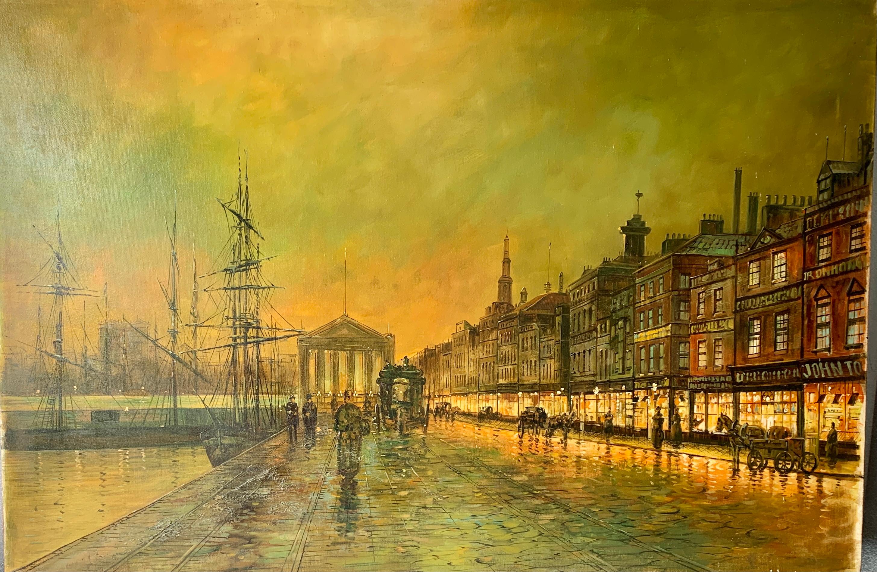 John Atkinson Grimshaw Figurative Painting - View of a harbor or Port at night, with the Liverpool Custom House.