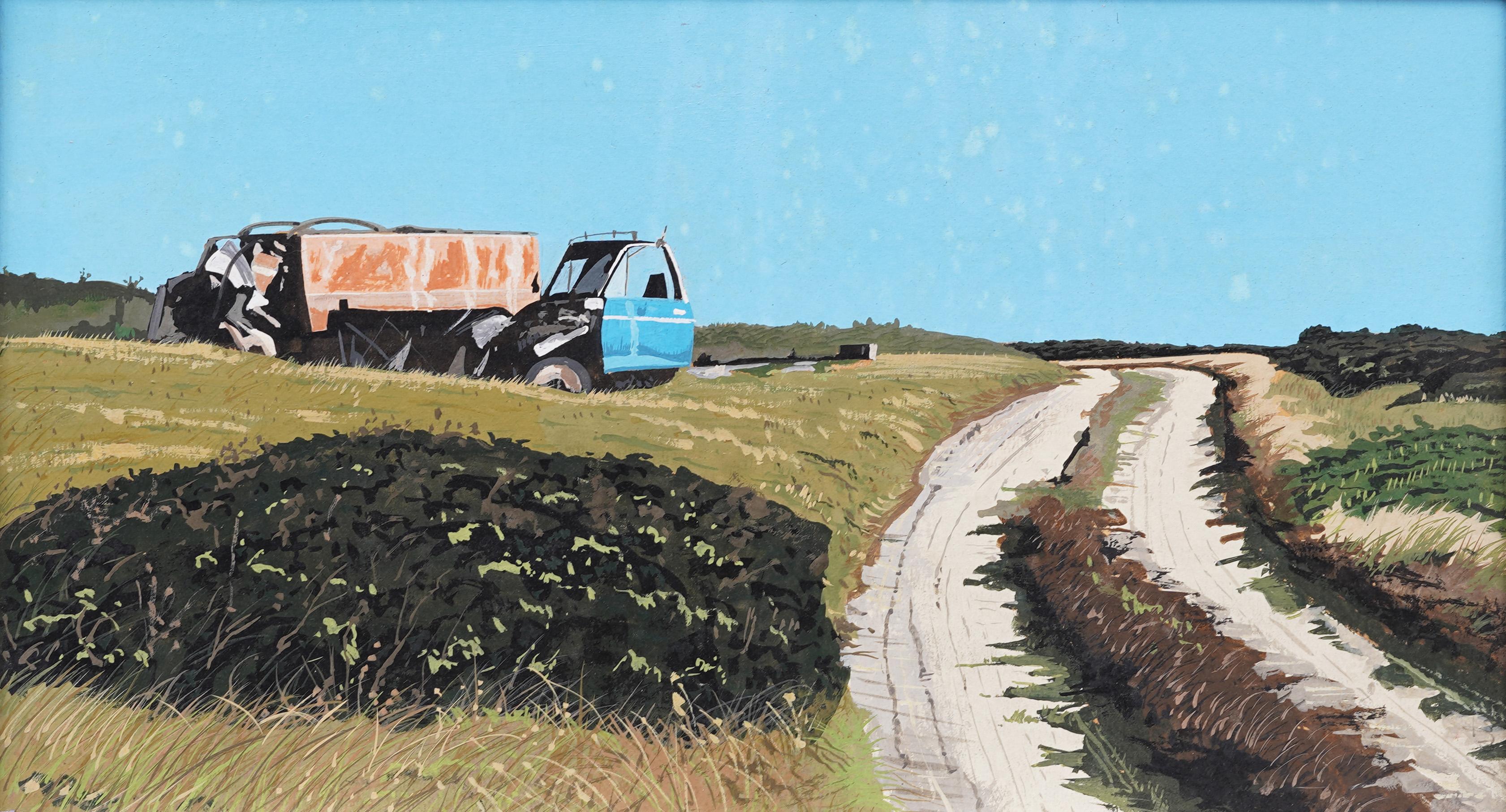 Pittura ad olio antica americana modernista con cornice di scena sulla spiaggia di Nantucket - Painting Astratto di John Austin
