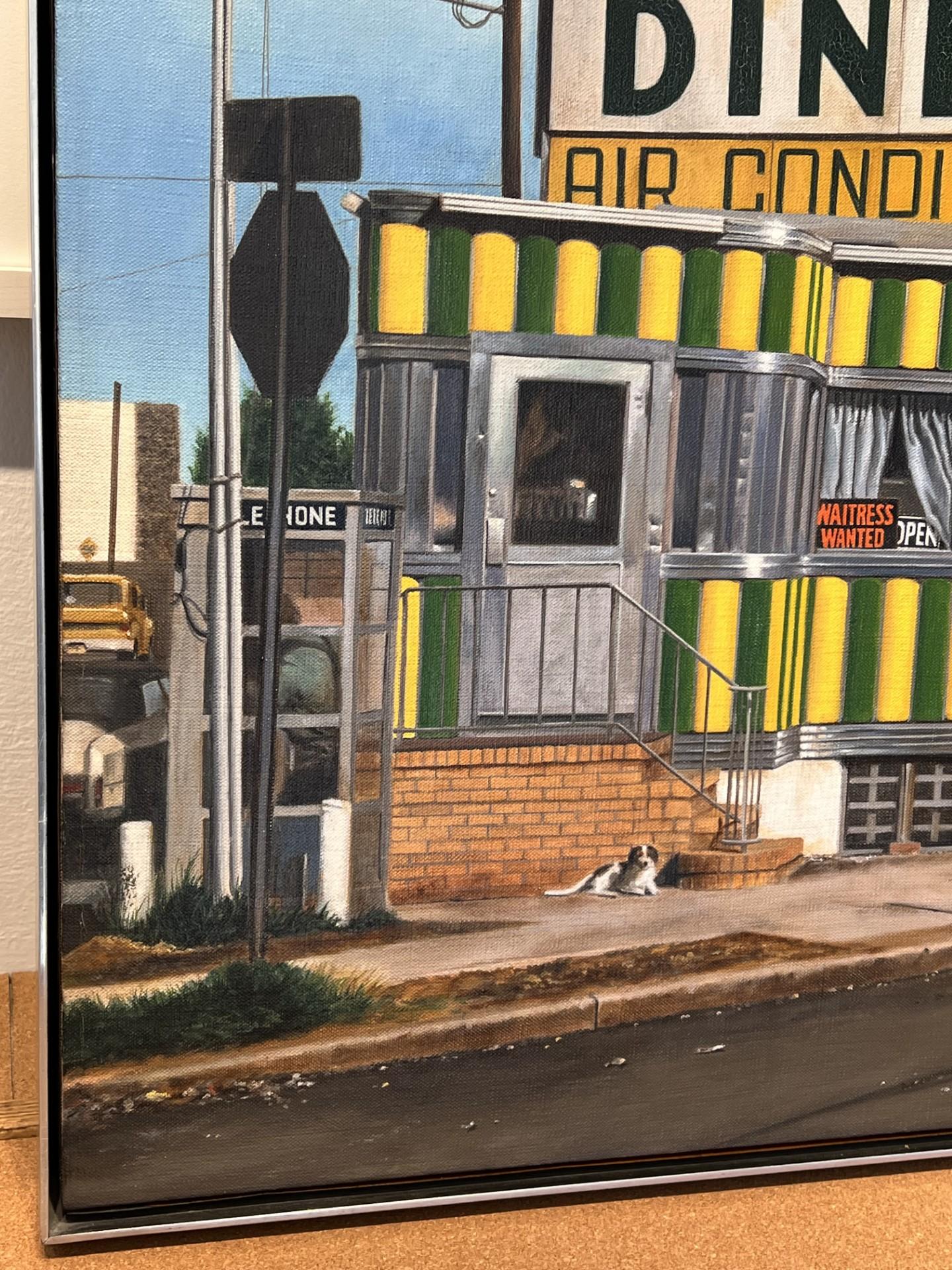 Se trata de un óleo original del artista
John Baeder. La pintura fotorrealista es conocida con más éxito por sus retratos de restaurantes y comedores de carretera. Se trata de un excelente ejemplar original. La obra ha estado en una colección,