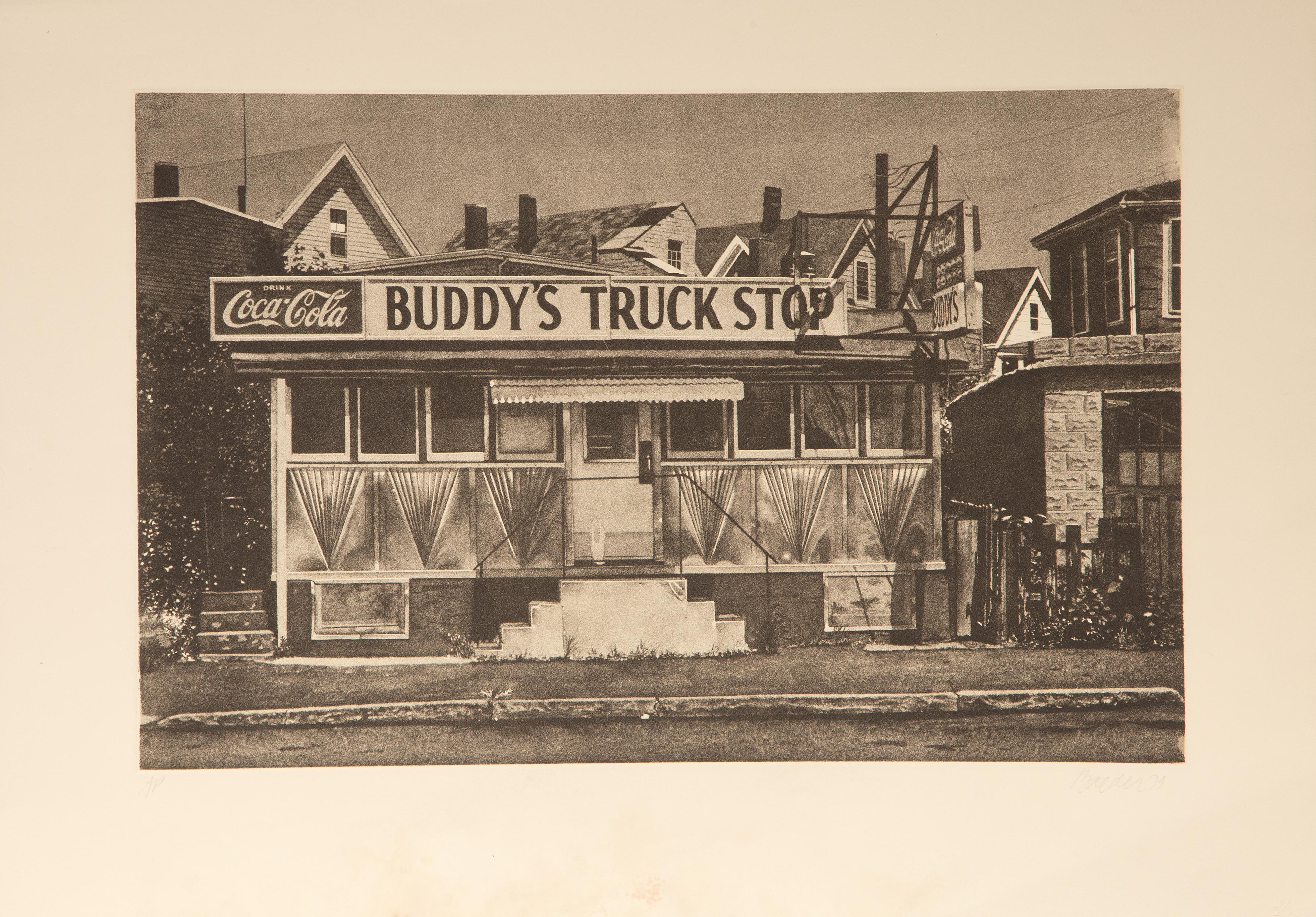 Buddy’s Truck Stop
John Baeder, American (1938)
Date: 1979
Etching on Arches, signed, numbered and dated in pencil
Edition of AP
Image Size: 15.25 x 23.75 inches
Size: 21 x 30 in. (53.34 x 76.2 cm)