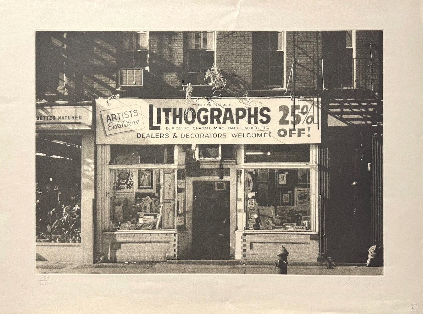 John Baeder Landscape Print – LITHOGRAPHIEN Greenwich Village NYC, Signierte Schabkunst, Gallery Art, Photorealism