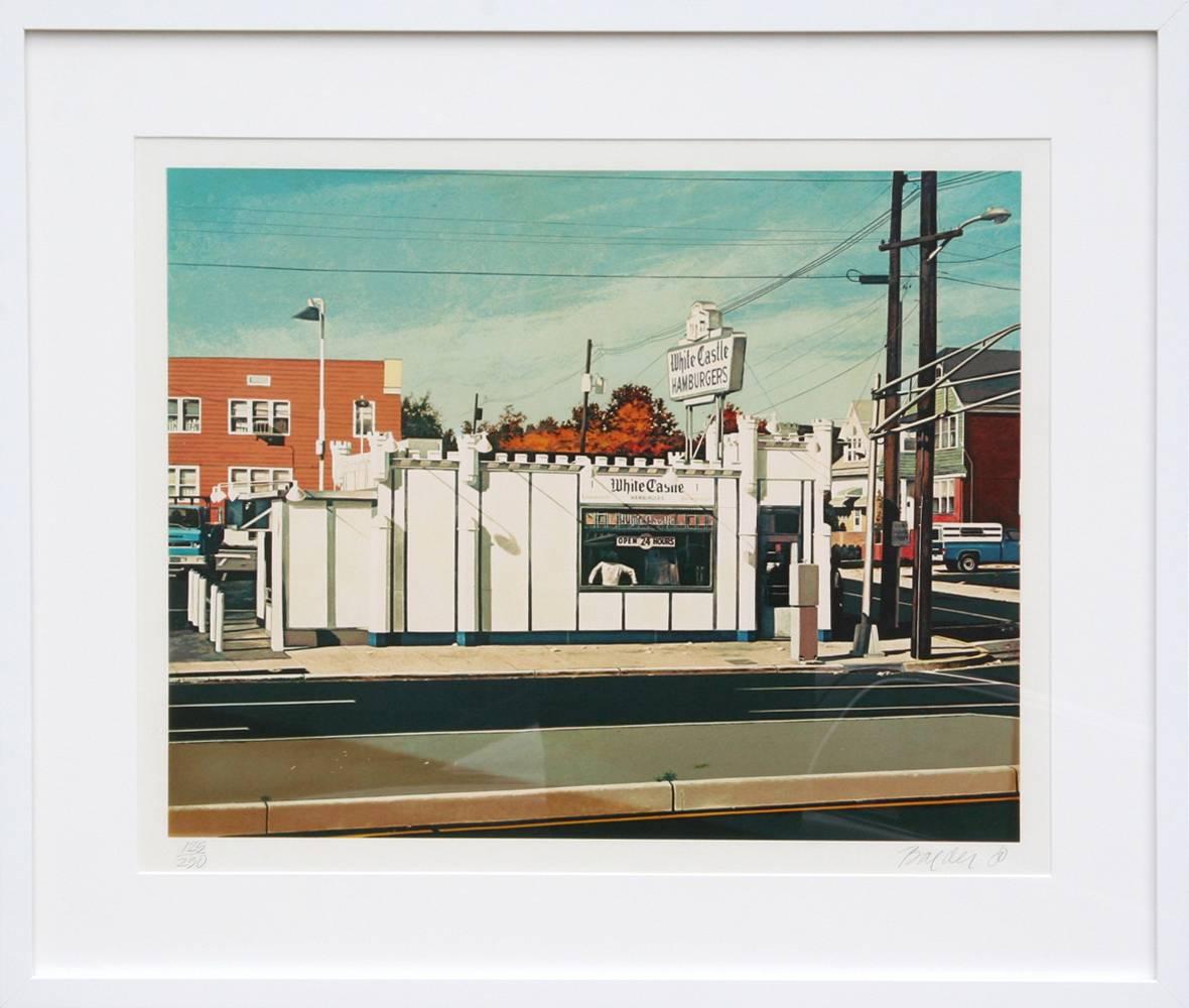 Artista: John Baeder, estadounidense (1938 - )
Título Castillo Blanco
Año: 1981
Técnica: Serigrafía sobre papel Somerset, firmado y numerado a lápiz
Edición: 250
Tamaño: 53,34 cm x 63,5 cm (21 pulg. x 25 pulg.)
Marco: 26 x 33 pulgadas