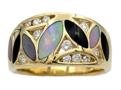John Bagley Diamond, Onyx and Mother of Pearl Band Ring in 14 Karat Yellow Gold