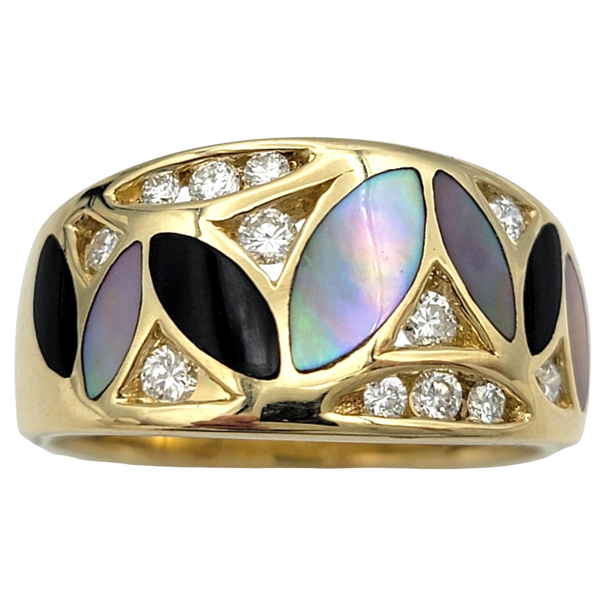 I Johns Bague à diamant, onyx et nacre en or jaune 14 carats