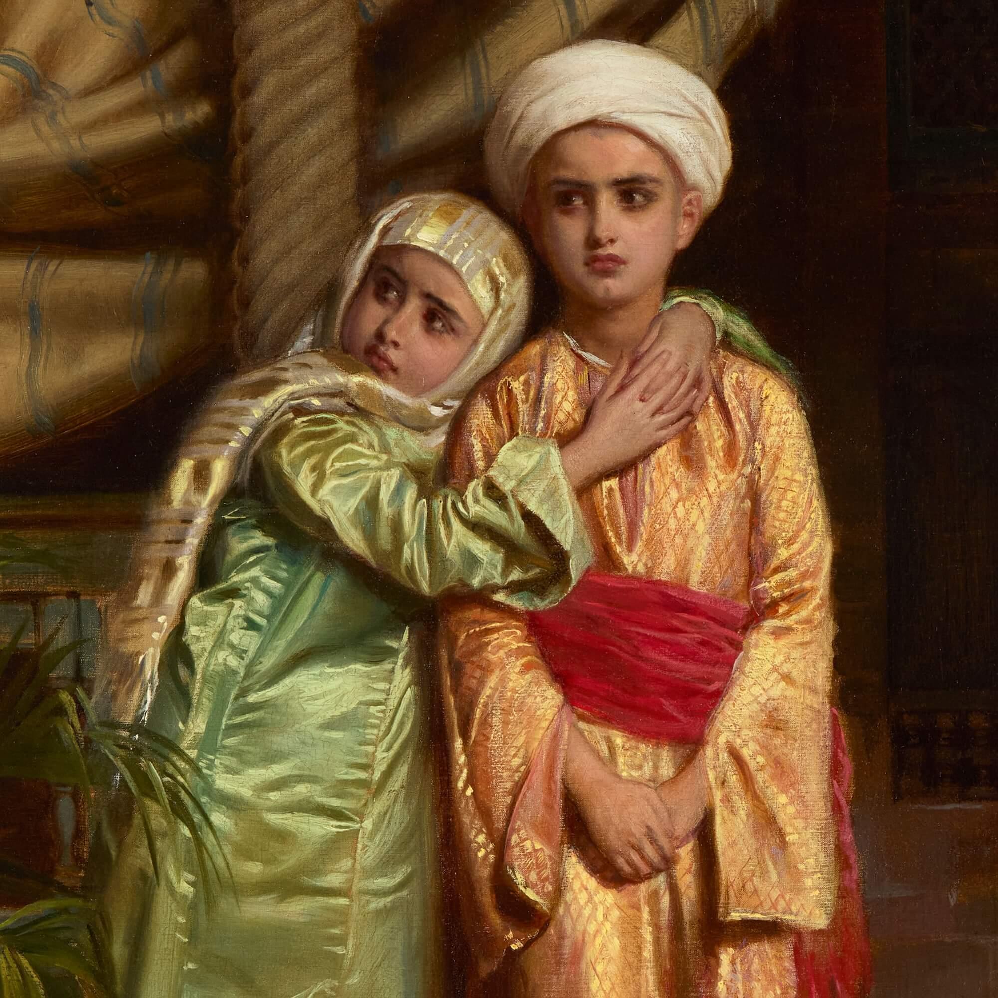 Orientalist oil portrait of a pair of siblings by Burgess 
English, 19th Century
Canvas: Height 72cm, width 51cm
Frame: Height 85cm, width 64cm, depth 5cm

This superb Orientalist painting is by the English artist John Bagnold Burgess RA (1829 –