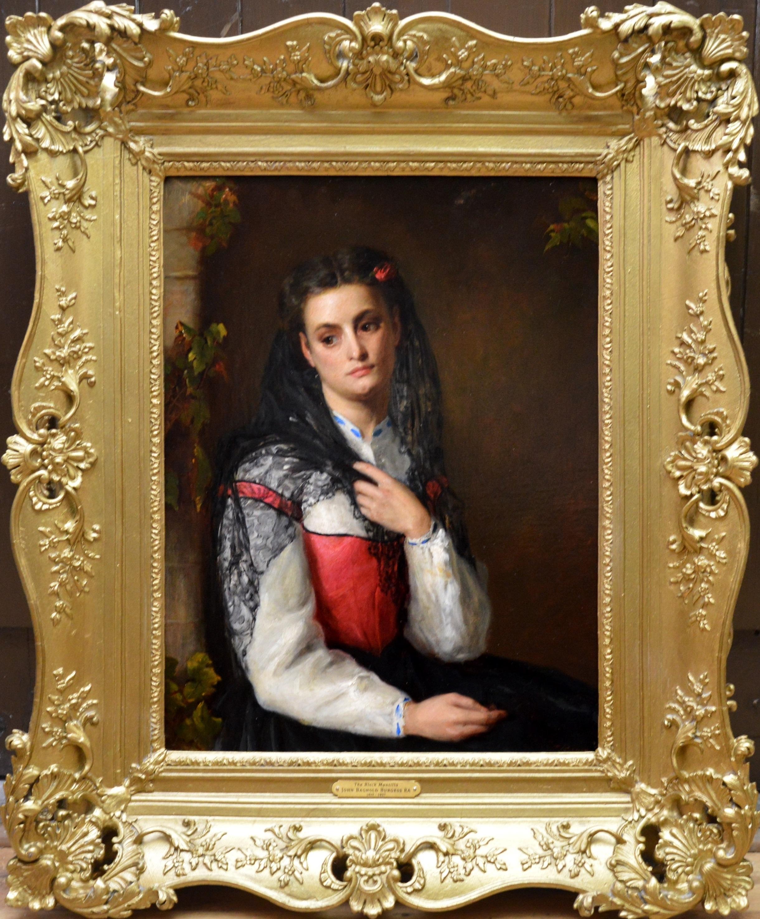 John Bagnold Burgess Figurative Painting - The Black Mantilla - 19th Century Victorian Oil Painting Portrait Spanish Beauty