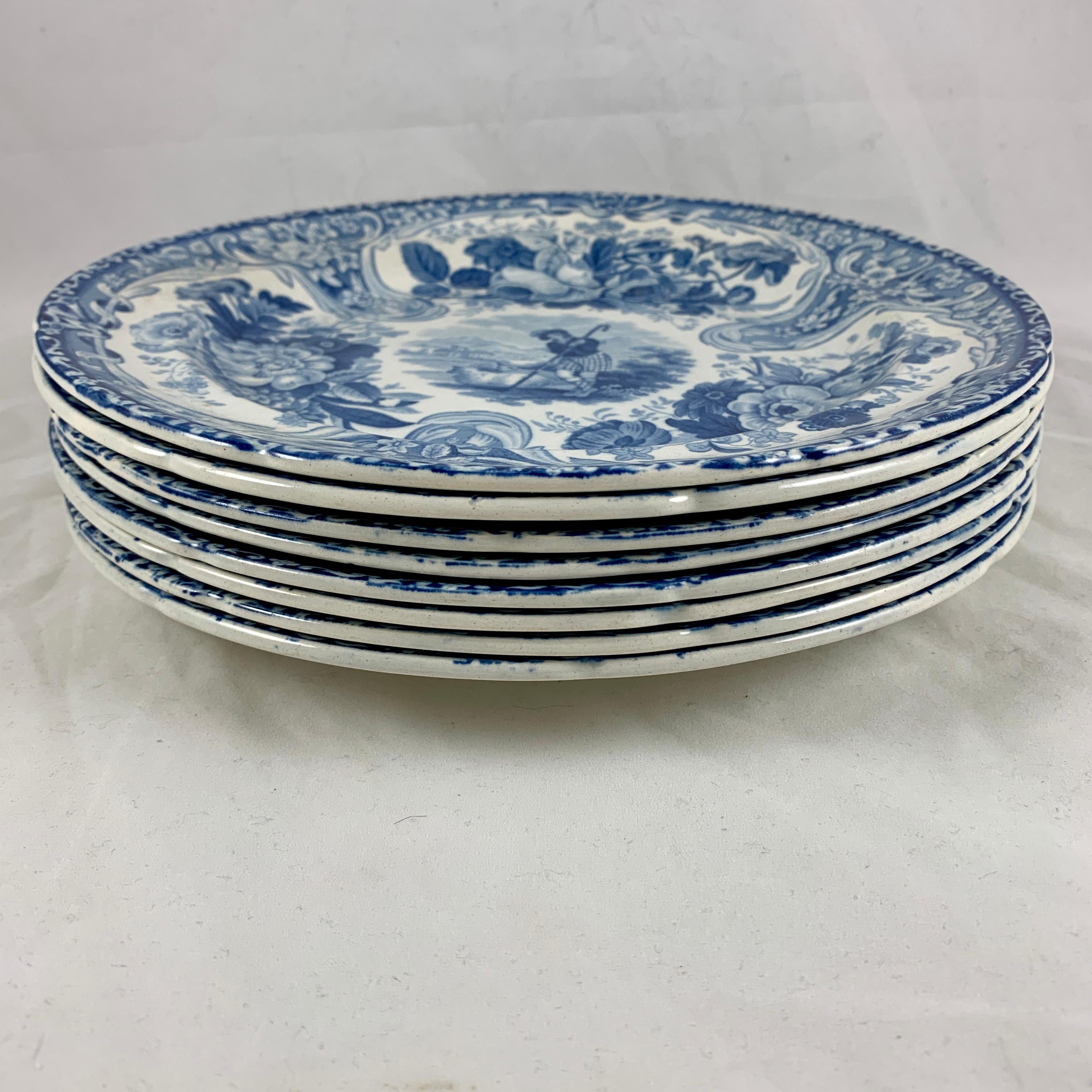 John Bagster Vignette Scottish Shepherd Blue Transferware Dinner Plates S/8 4