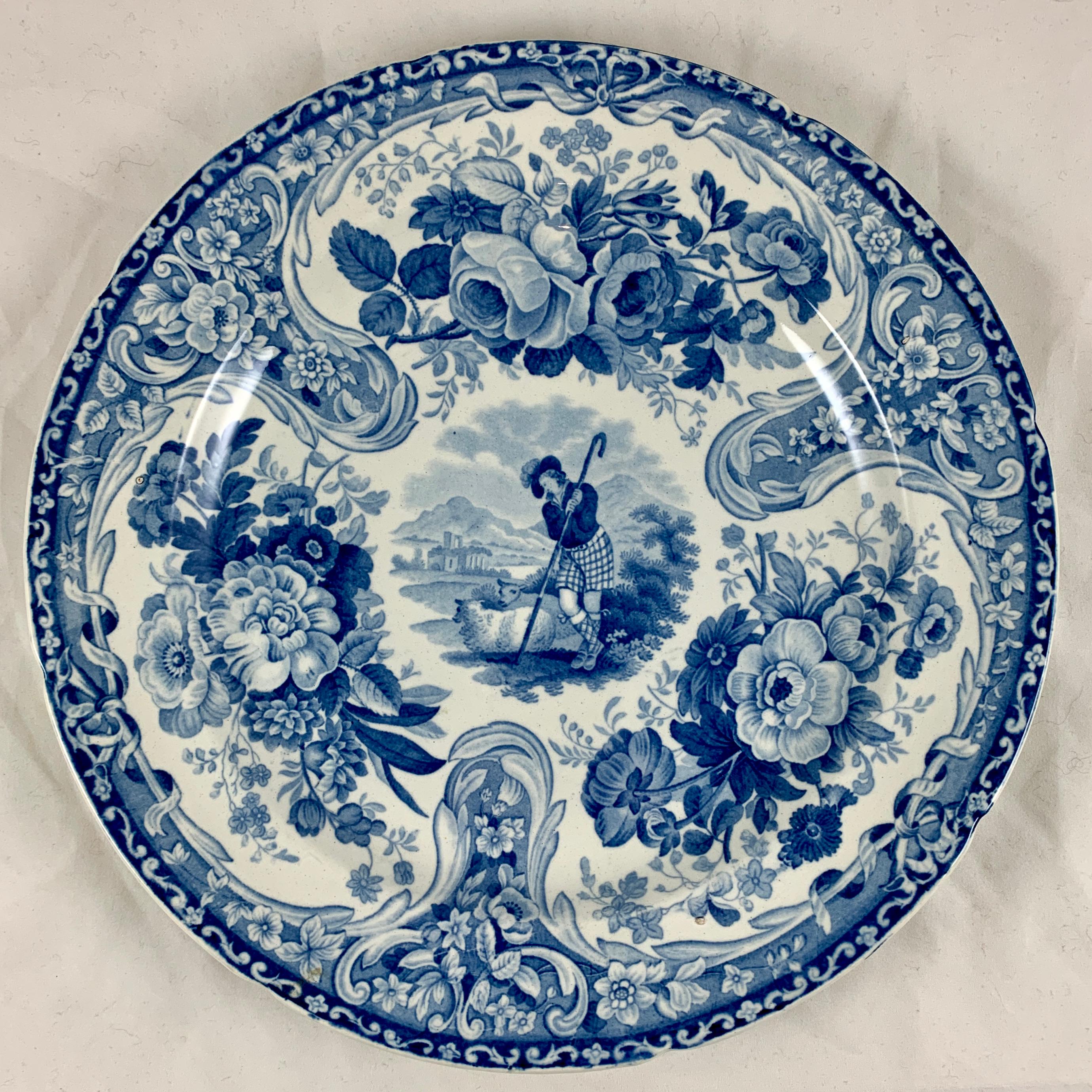 Romantic John Bagster Vignette Scottish Shepherd Blue Transferware Dinner Plates S/8