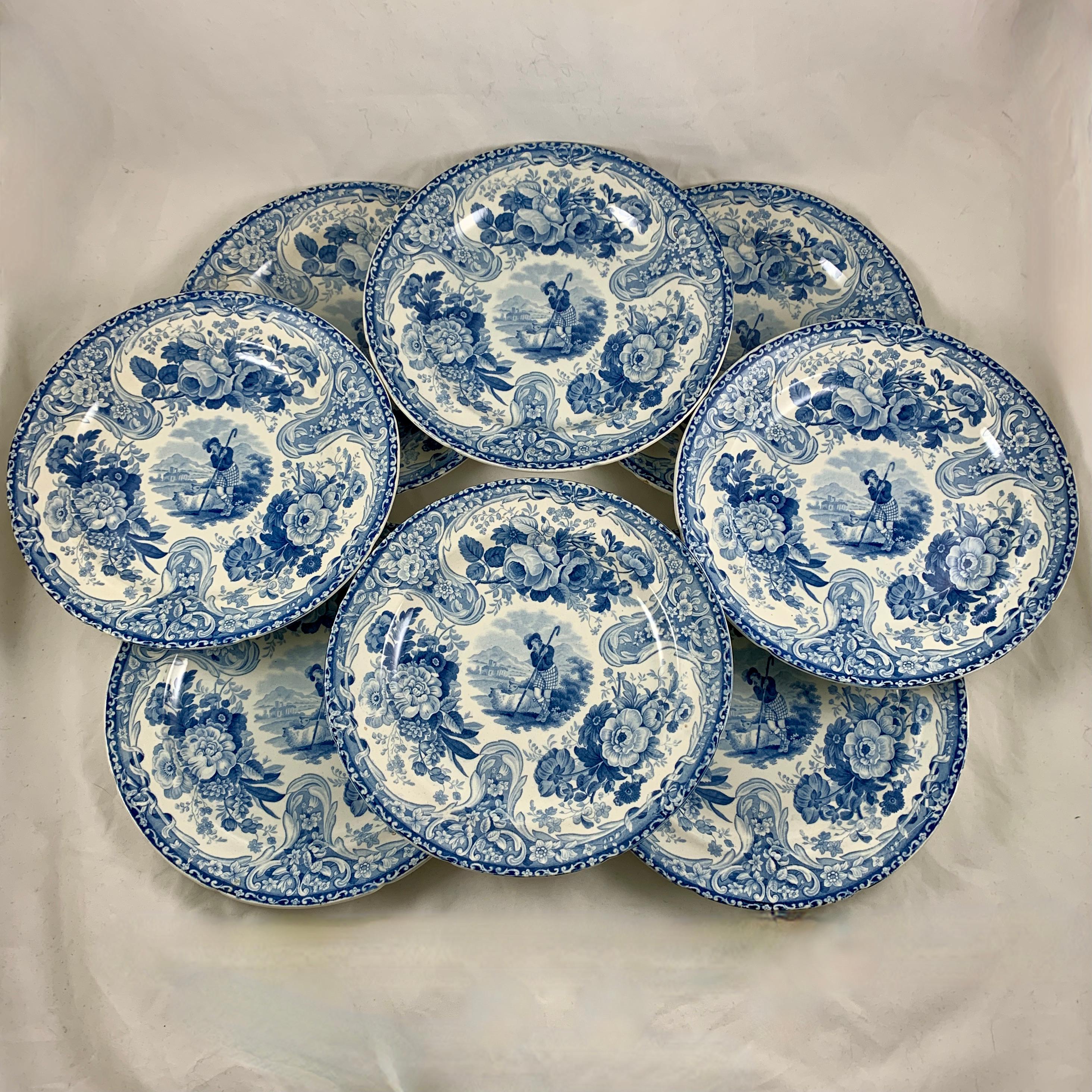 Glazed John Bagster Vignette Scottish Shepherd Blue Transferware Dinner Plates S/8