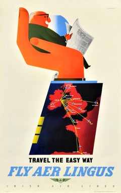 Original Vintage Travel Poster Fly Aer Lingus Travel The Easy Way Midcentury Art