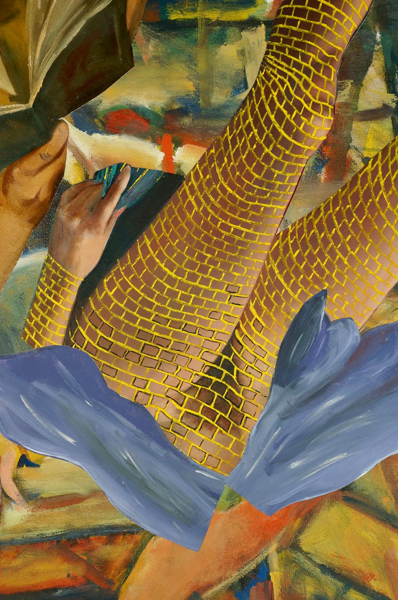 « A Good Read », acrylique, collage, peinture, fille, jaune, rouge, lavenders - Contemporain Painting par John Baker