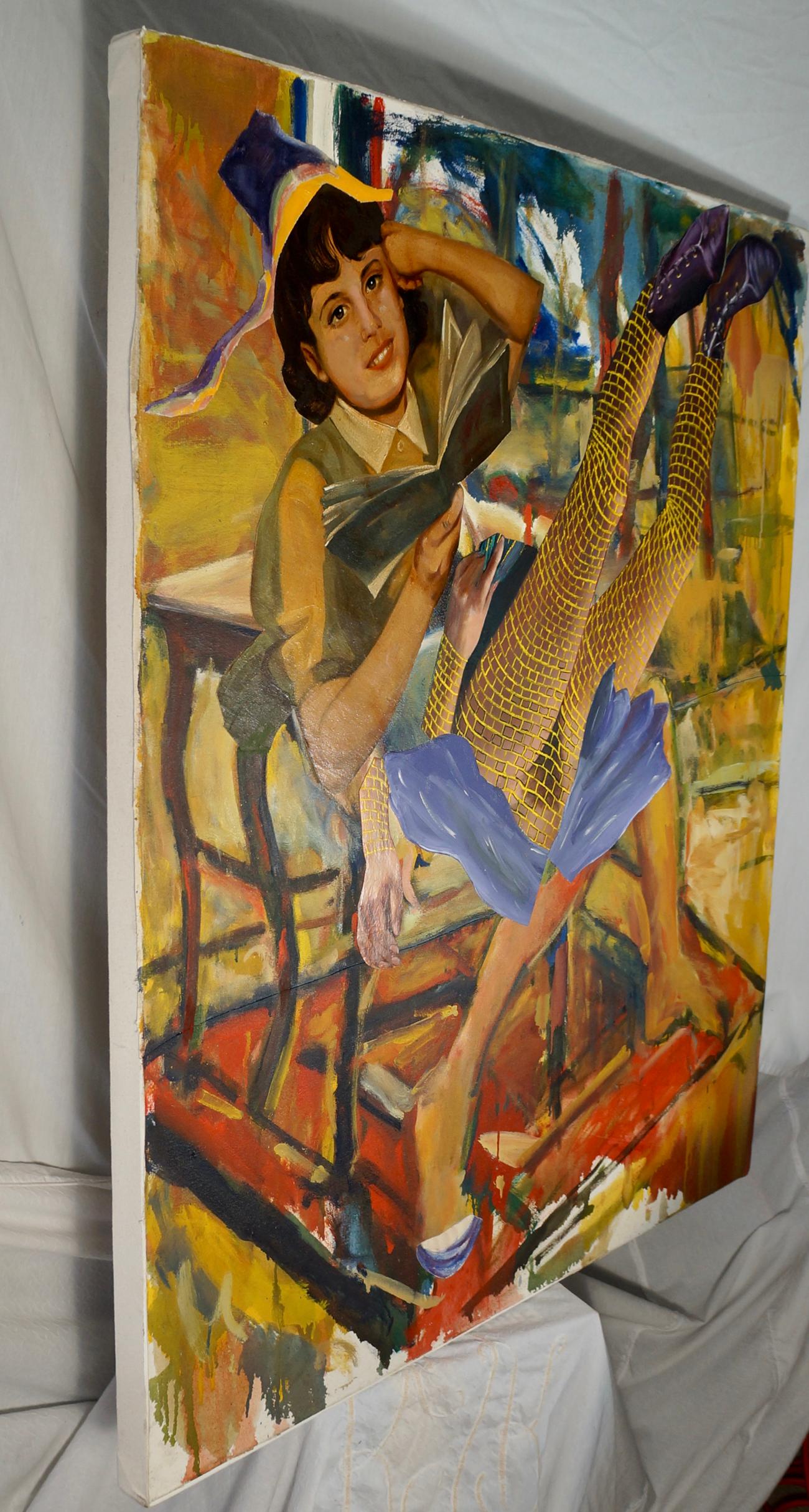 « A Good Read », acrylique, collage, peinture, fille, jaune, rouge, lavenders en vente 2