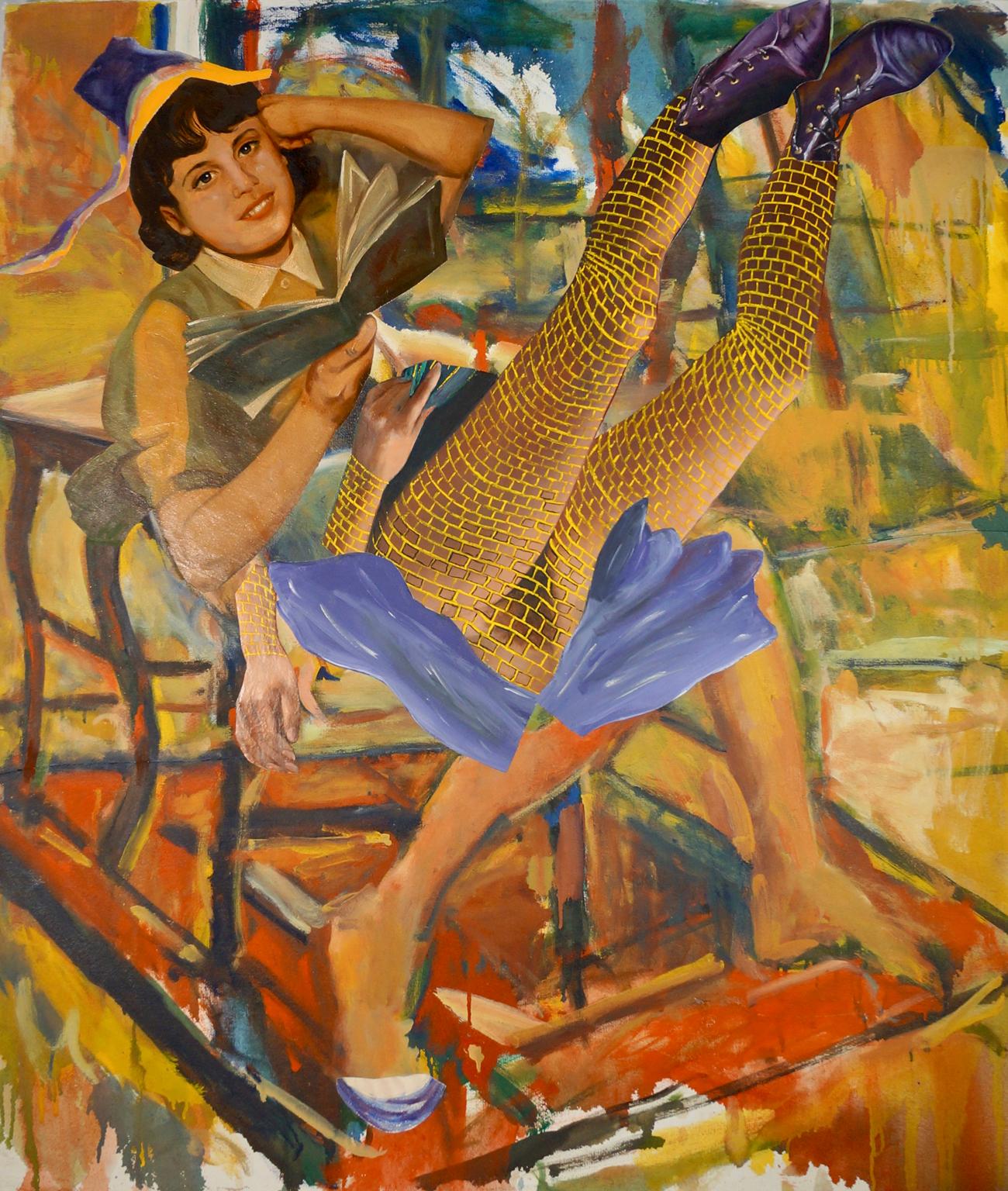 Figurative Painting John Baker - « A Good Read », acrylique, collage, peinture, fille, jaune, rouge, lavenders