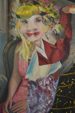 "Un trago fuerte", Retrato surrealista, Mujer, Rojo, Collage, Pintura acrílica