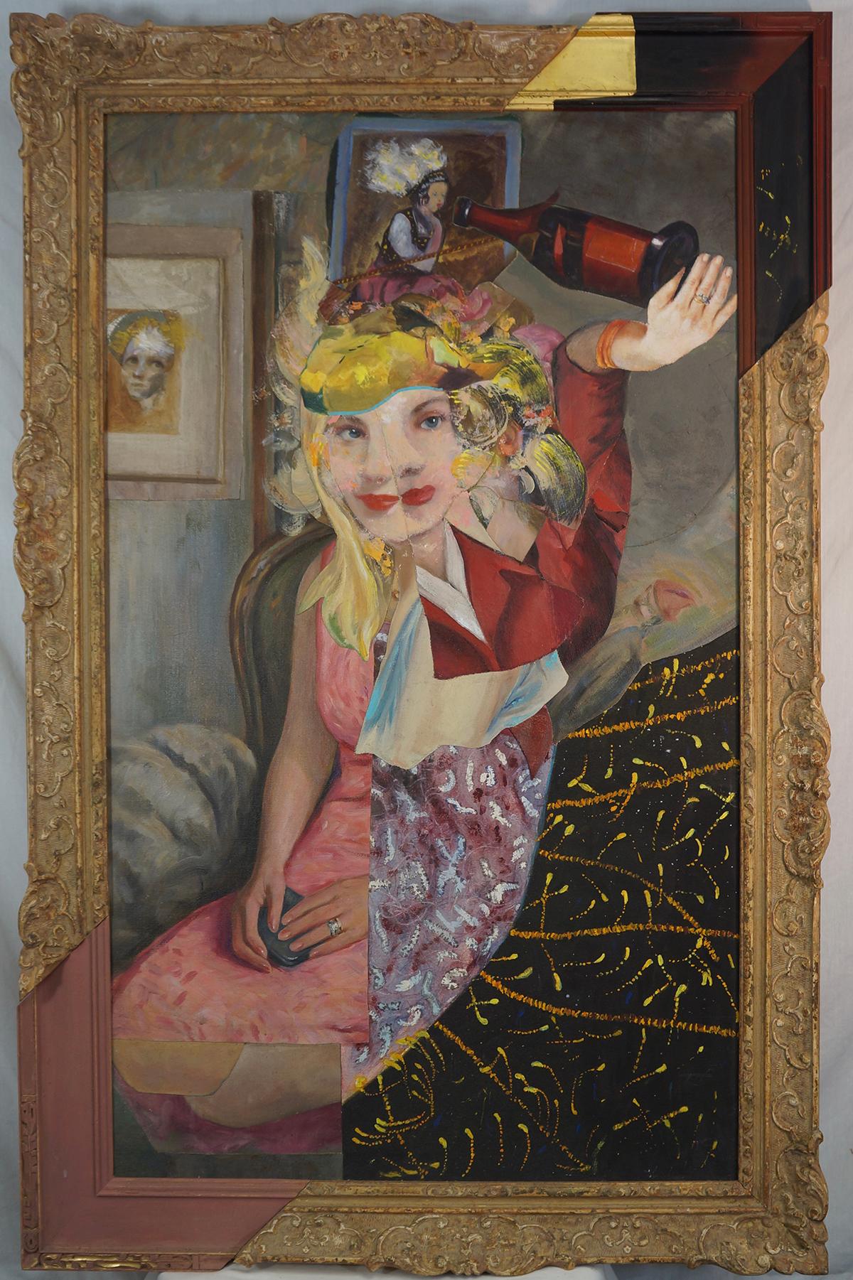 "Una bevanda forte", Ritratto surrealista, Donna, Rosso, Collage, Pittura acrilica - Mixed Media Art di John Baker