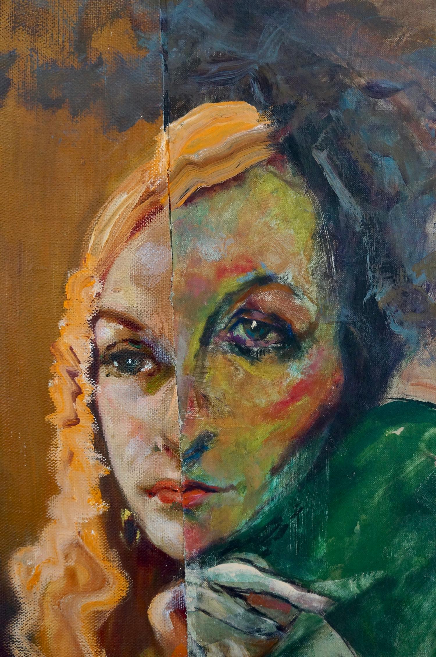 « A Treat for Sasha », acrylique, portrait, collage, orange, vert, brun, rouge - Painting de John Baker