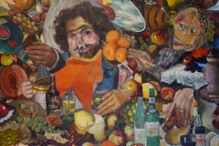 «Banquete», surrealista, naranja, azul, amarillo, collage, pintura acrílica