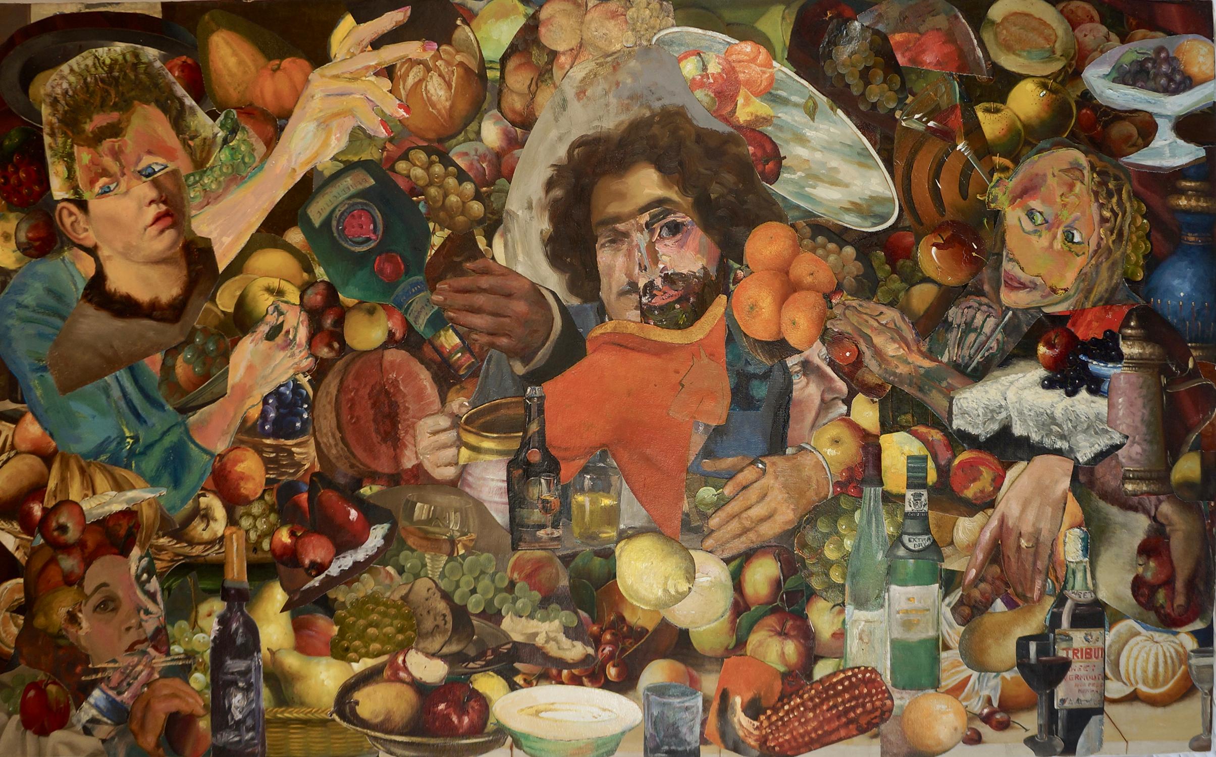 "Banchetto", surrealista, arancione, blu, giallo, collage, pittura acrilica