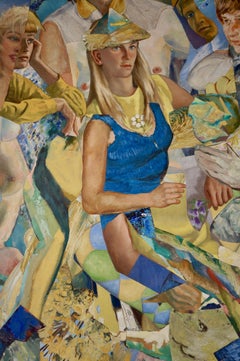 "Birthday Ballet", Surrealist, Party, Blue, Yellow, Collage, Acrylic Painting