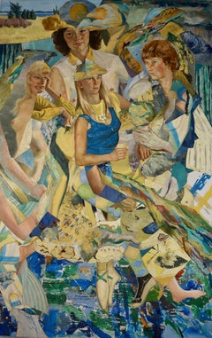 "Birthday Ballet", Surrealist, Party, Blue, Yellow, Collage, Acrylic Painting