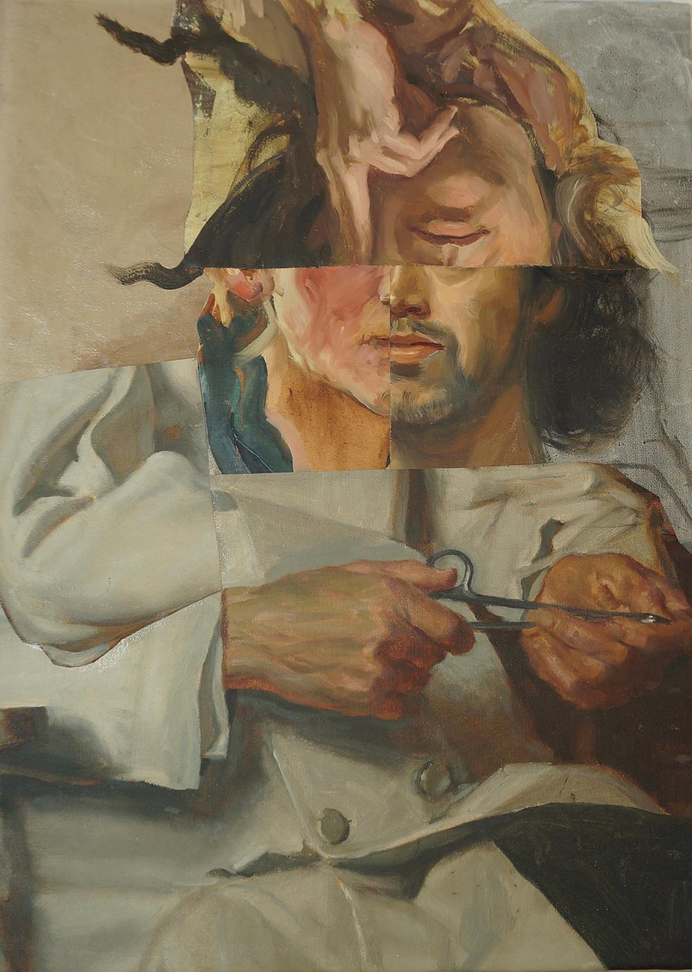 John Baker Figurative Painting - "Blind Surgeon", portrait, acrylic, collage, greys, mixed media painting