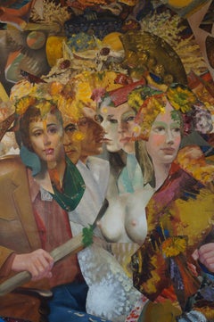 "Brownstone Tympanum", Surrealist, Yellow, Brown, Red, Collage, Acrylic Painting