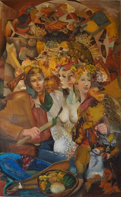 "Brownstone Tympanum", Surrealist, Yellow, Brown, Red, Collage, Acrylic Painting