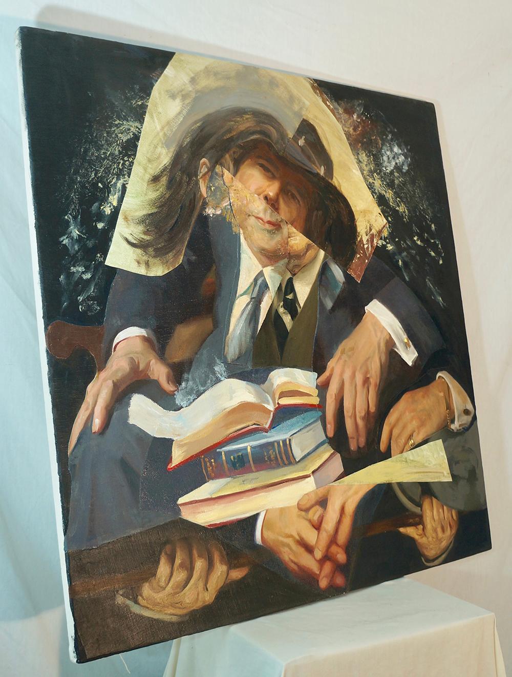 John Baker’s “Cramming for the Exam” is an acrylic portrait painting on canvas with collage 30 inches by 30 inches in dark blues and straw yellows. Although sparks of understanding flicker and fall behind the head of the hapless student, time is too