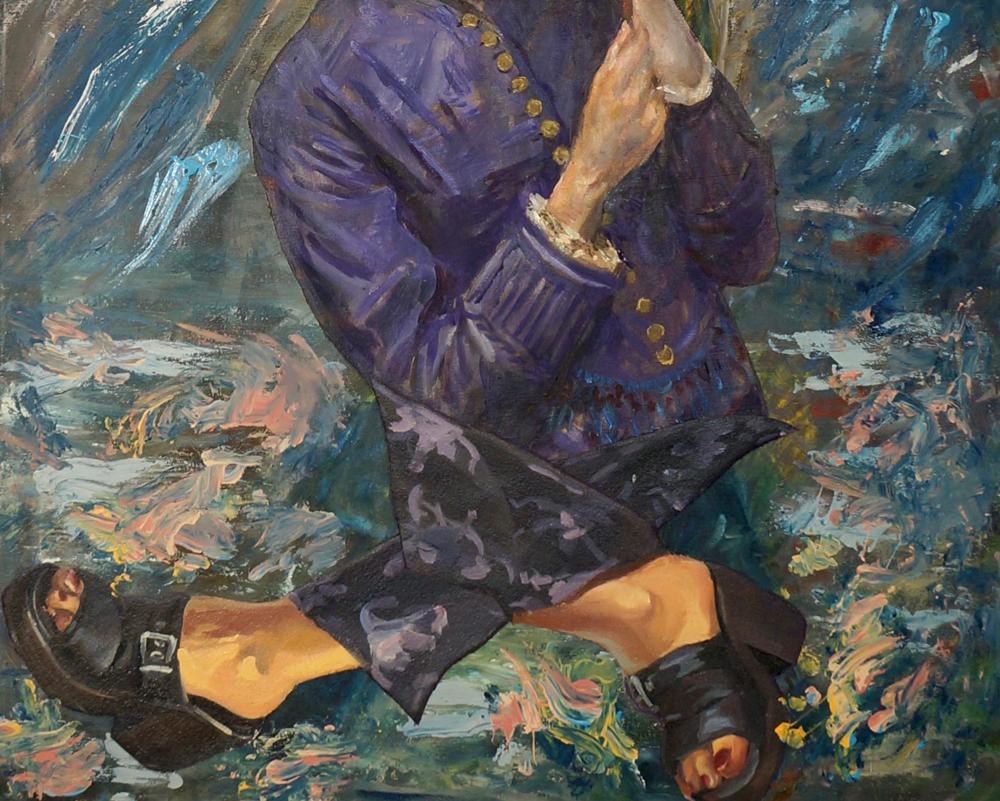 John Baker’s “Evening Downpour” is an acrylic painting on canvas 40 x 30 inches in rich lavenders and electric blues. The smiling young woman is totally unperturbed by the complete instability of her footing on the flooded pavement and by the fate
