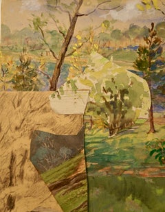 "Extensive Park in Springtime", Surrealist Landscape, Collage, Acrylic Painting