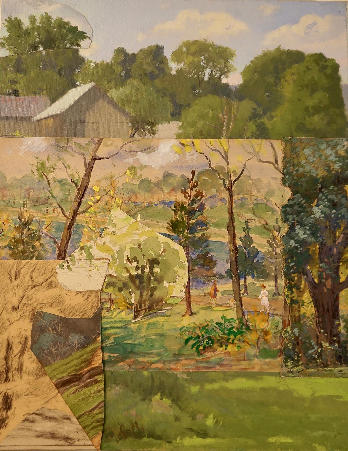 "Parc extensif au printemps", paysage surréaliste, collage, peinture acrylique