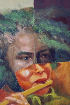 "Flautista", Retrato Contemporáneo, Naranja, Verde, Collage, Pintura Acrílica