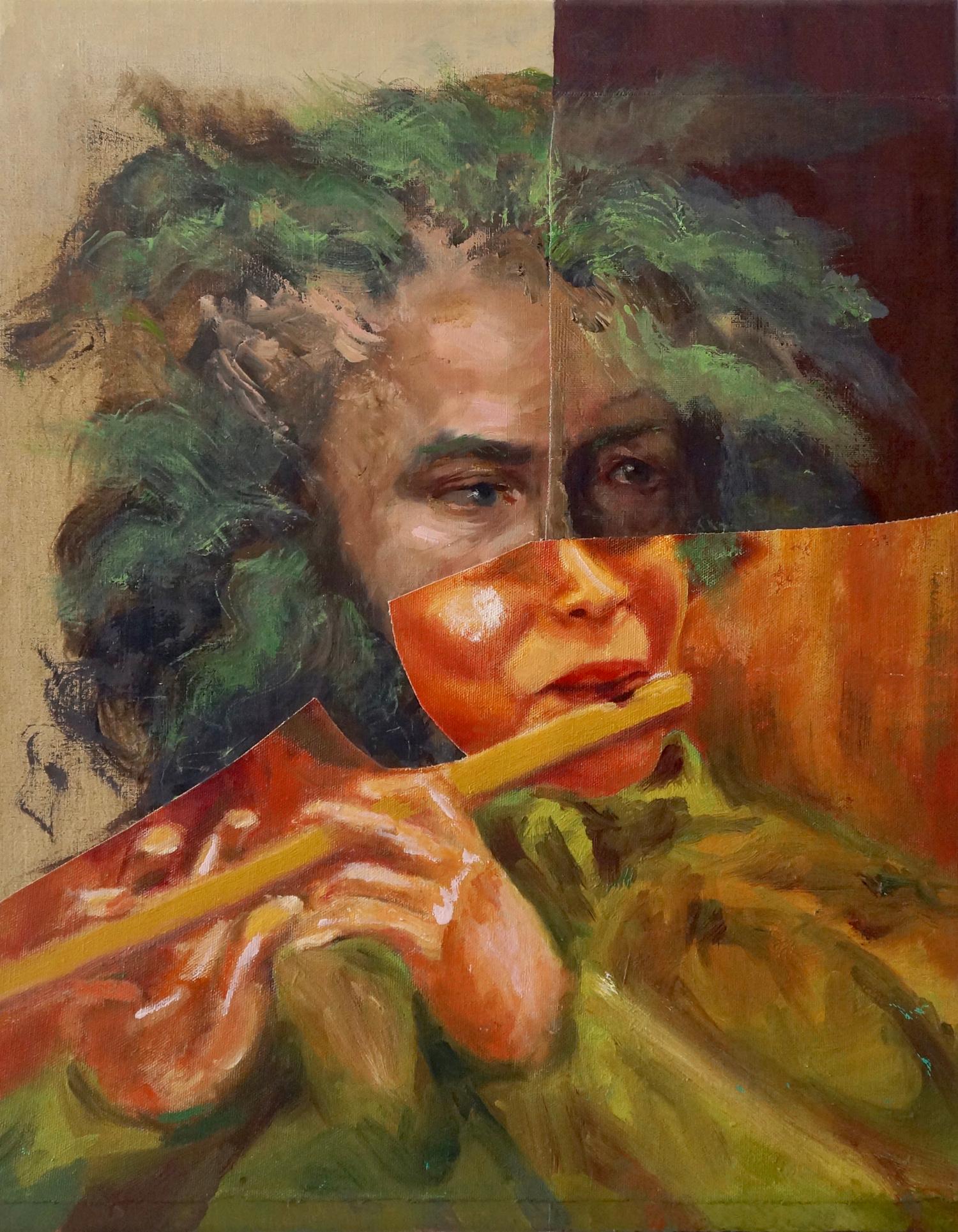 John Baker Portrait Painting - "Flute Player", contemporary, portrait, orange, green, collage, acrylic painting