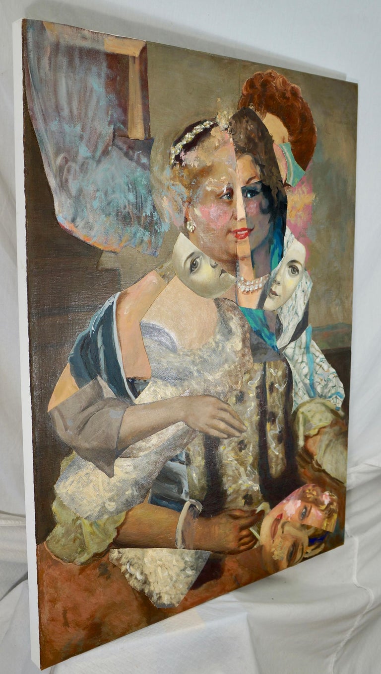 John Baker’s “Imaginary Portrait of Empress Maria Theresa”, Eighteenth Century Empress of Austria, is an acrylic painting on canvas with collage 40 x 30 inches in silver and flesh tones with sapphire and azure blues highlighted by pastel pinks.