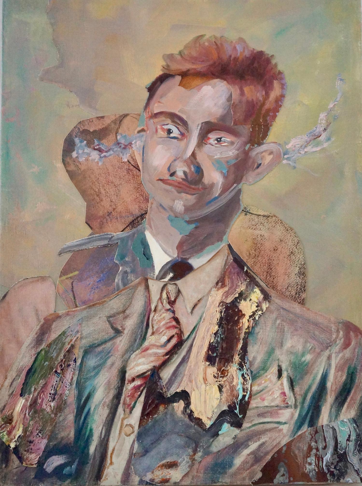 John Baker Figurative Painting - "In One Ear and Out the Other", portrait, pink, blue, collage, acrylic painting