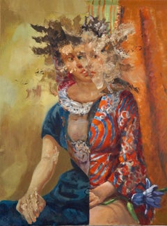 "Indecisión", pintura contemporánea, retrato, azul, rojo, acrílico, técnica mixta