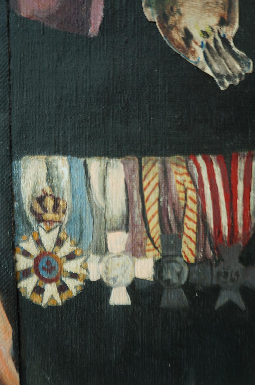 John Baker’s “Lifelong Priorities of a Priest” is an acrylic painting on canvas with collage 20 inches by 16 inches in maroon, flesh tones and blacks. Bedecked with official awards from his superiors, but also wearing a bird badge of inscrutable