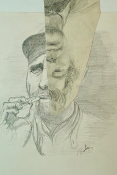 "Fumador", Retrato contemporáneo, Collage, Dibujo a lápiz